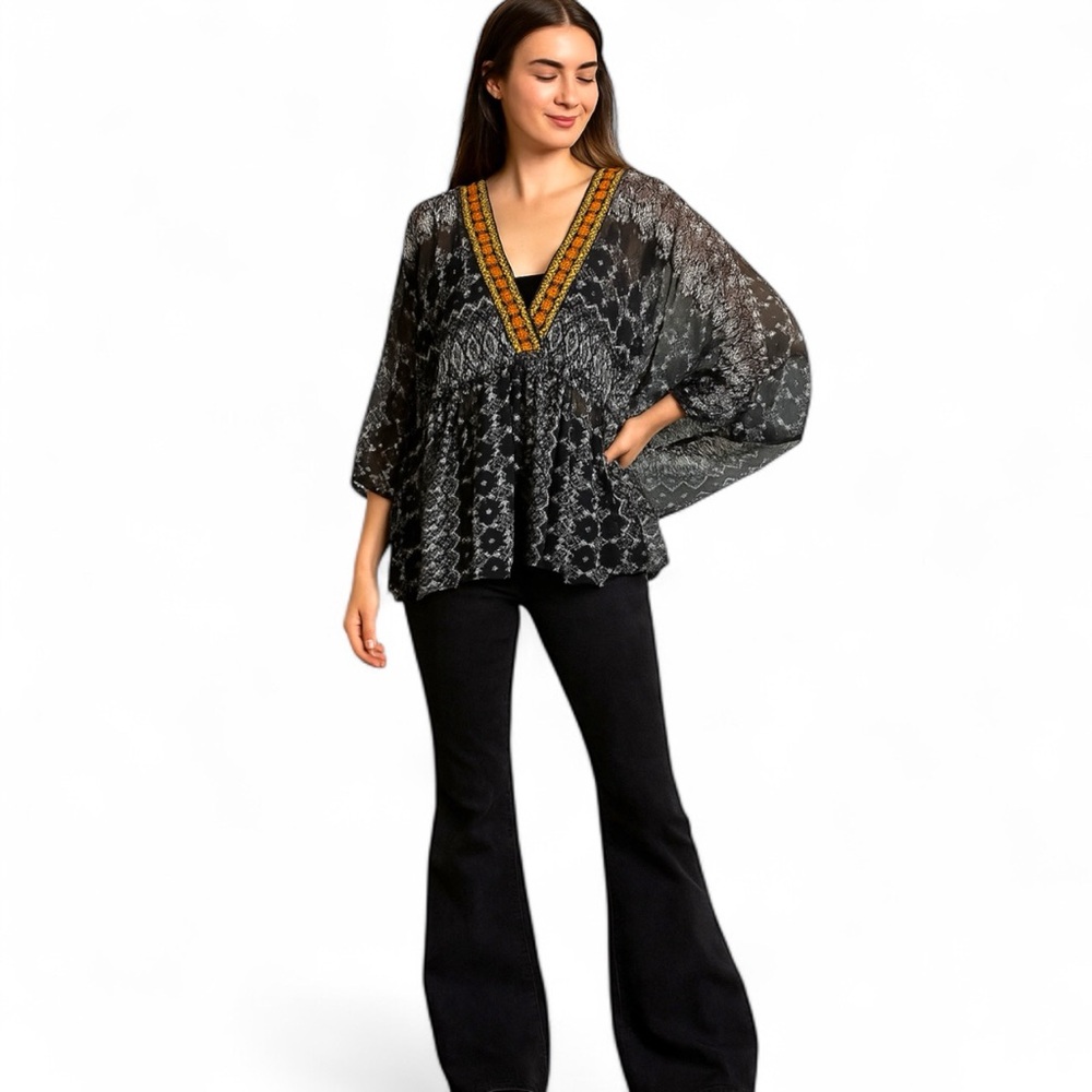 Ivy Jane semi sheer Boho southwestern babydoll poncho kimono blouse top OS